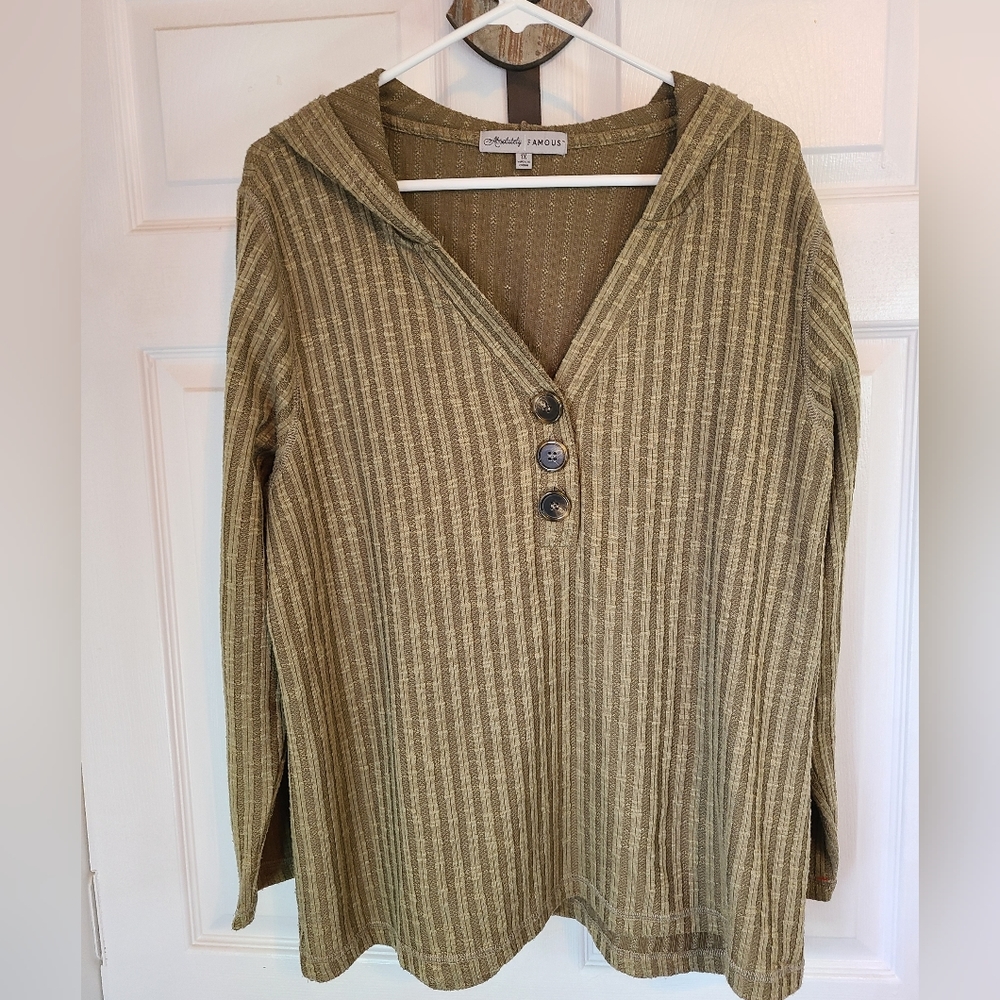 Absolutely Famous Woman's Long Sleeve Sweater Hoodie,  Size: 1X Color: OD Green